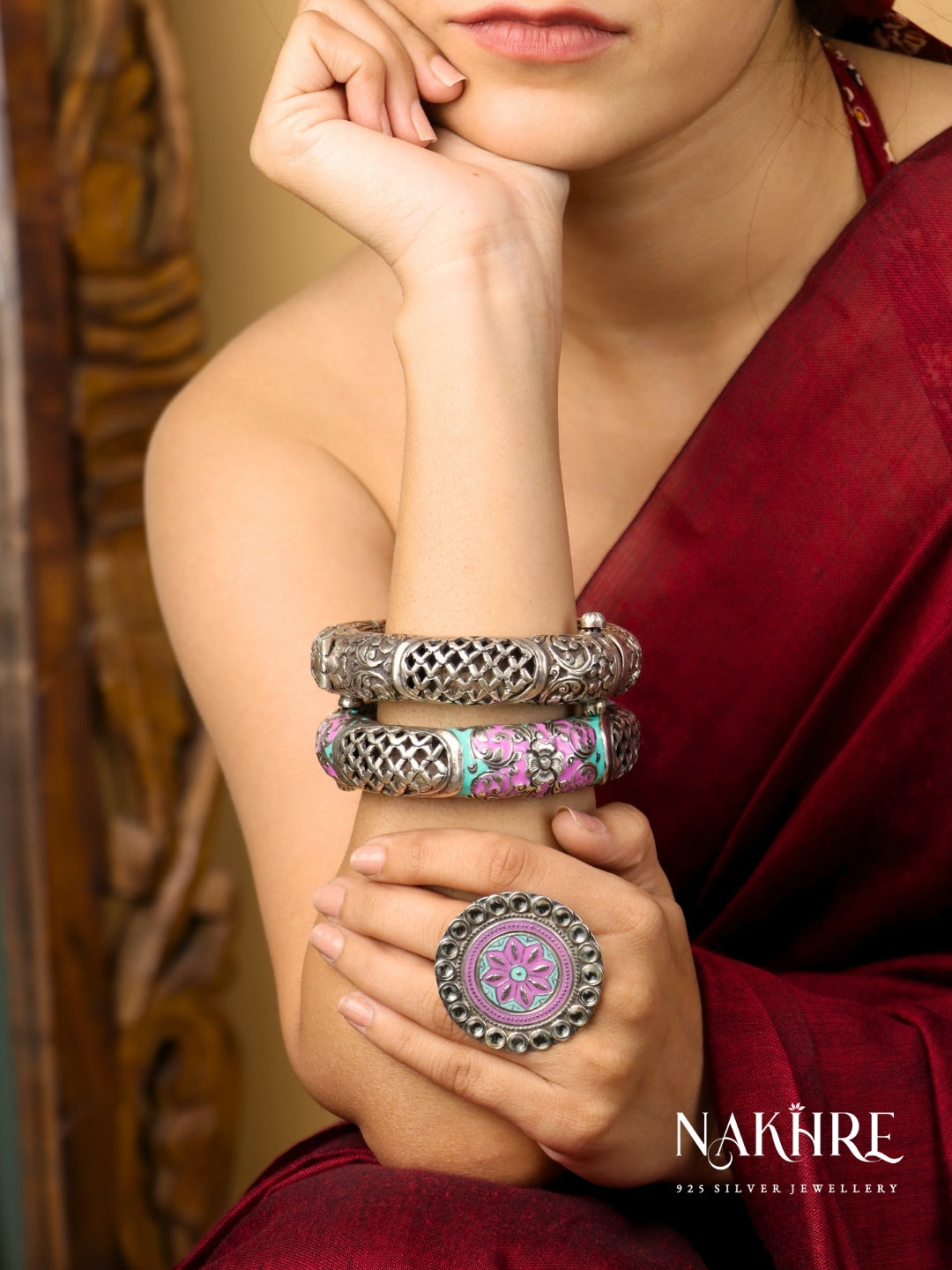 Mira Meenakari Silver Ring