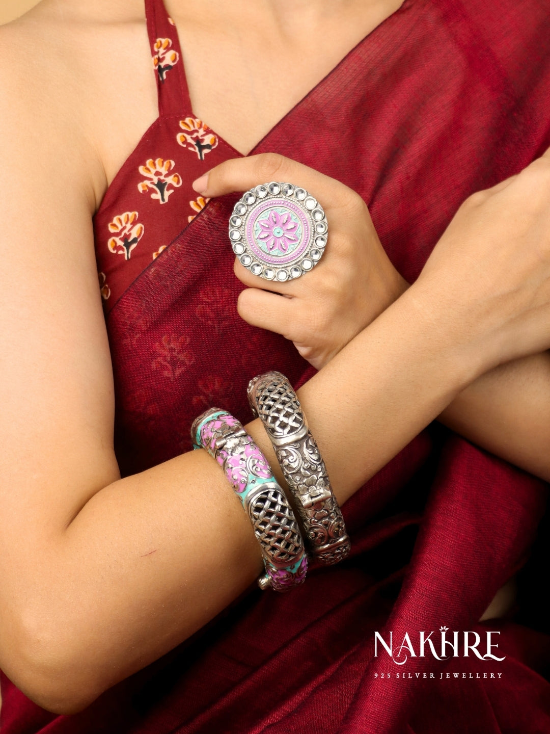 Mira Meenakari Silver Ring